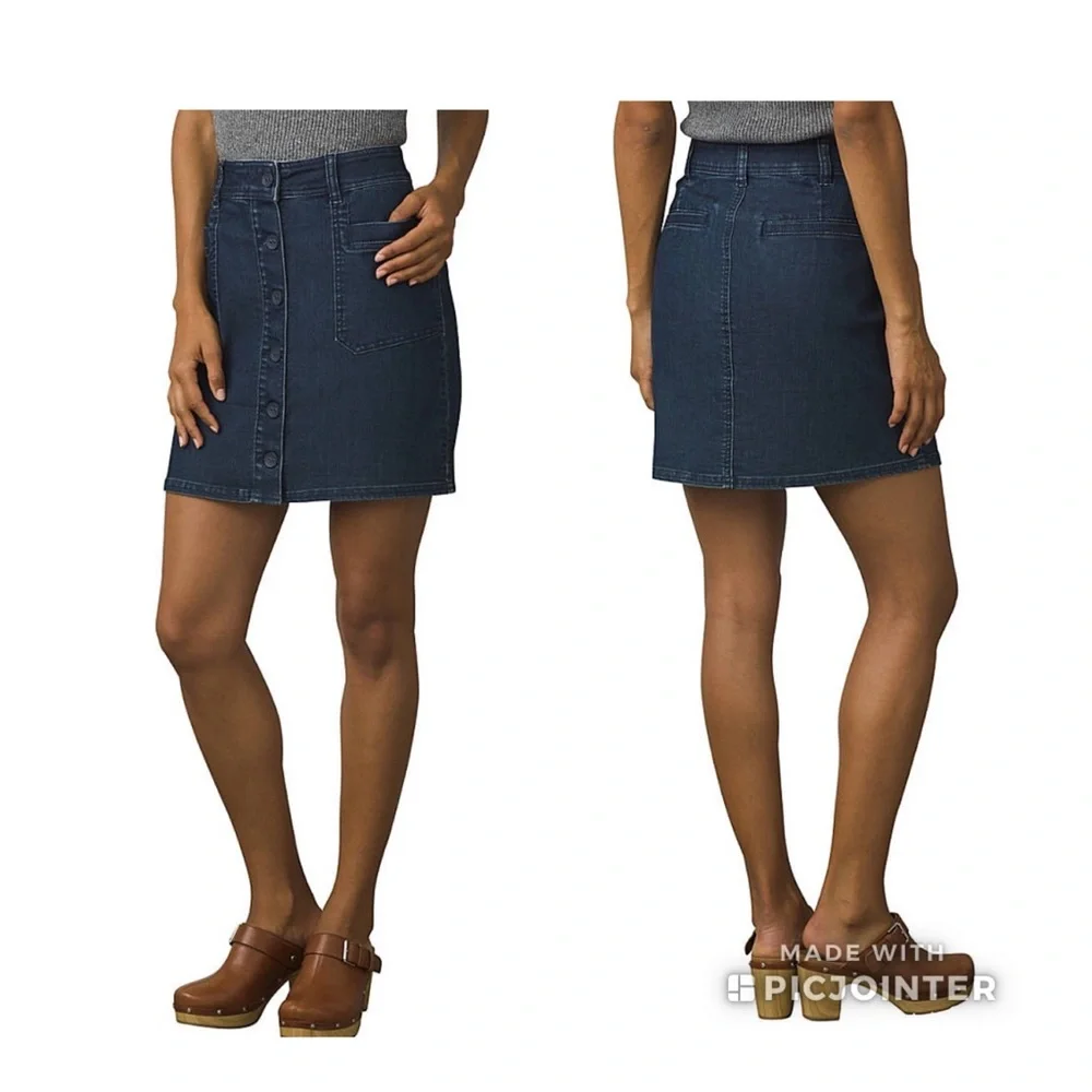 Prana Kara Indigo Denim Skirt Button Down 2 Jean High Waist Rise